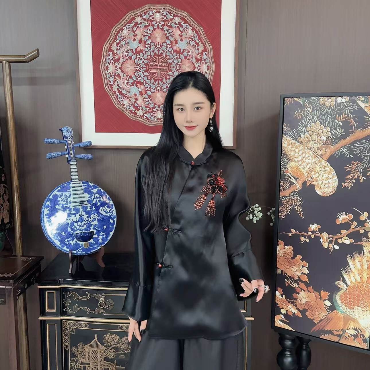 BETTY BAIRN【清风婉美】新中式100桑蚕丝气质高雅斜襟上衣Q7253