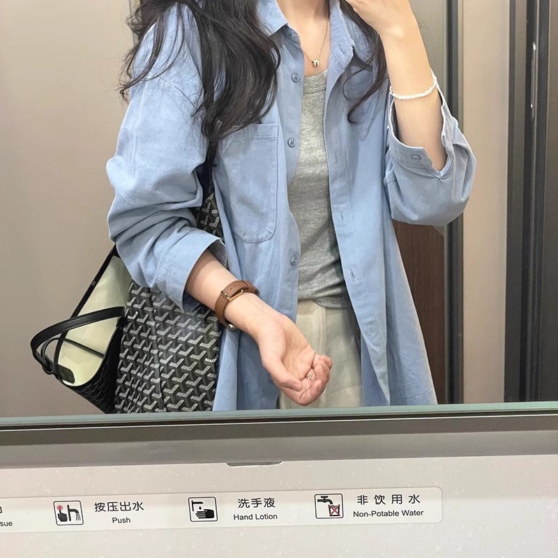 法式蓝色衬衫女早春季2025新款韩系宽松休闲polo衬衣长袖气质上衣