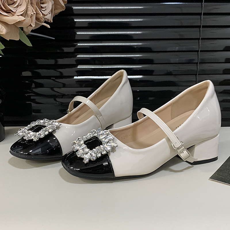 法式方头单鞋拼色粗跟玛丽珍女鞋新款小香风水钻方扣浅口高跟鞋女