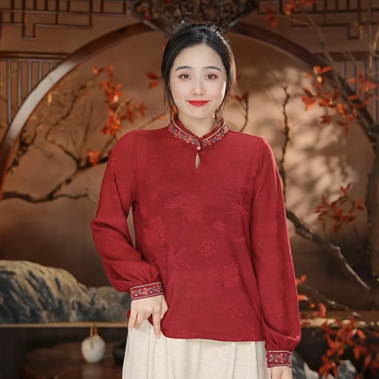 迎春纳福国风纯色优雅旗袍茶服2136