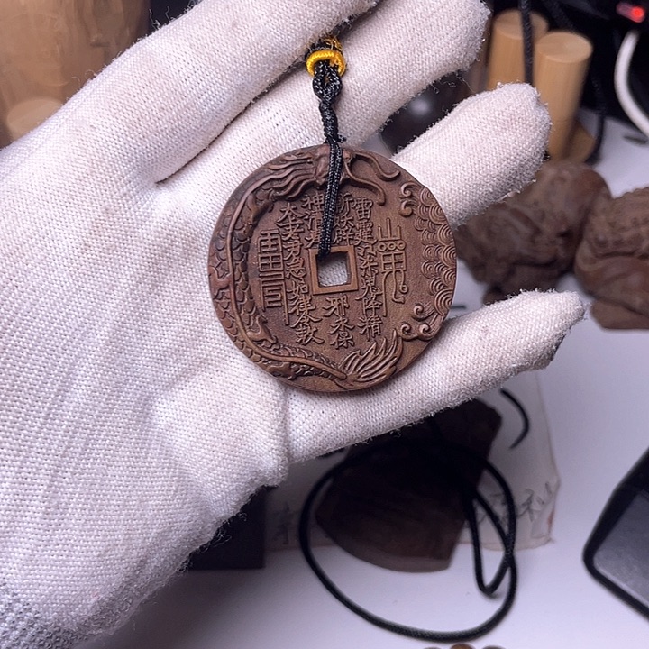 檀香木无事牌6*檀香木山鬼花钱