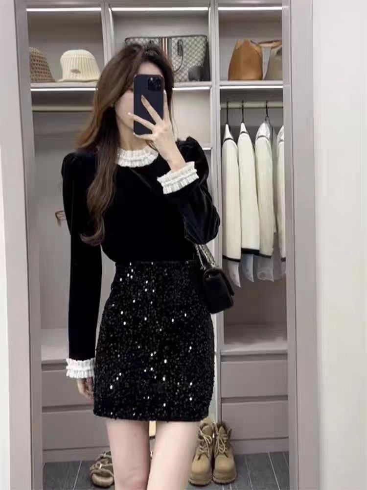 【惊羽女装】S959高级感黑色丝绒法式荷叶边钉珠上衣