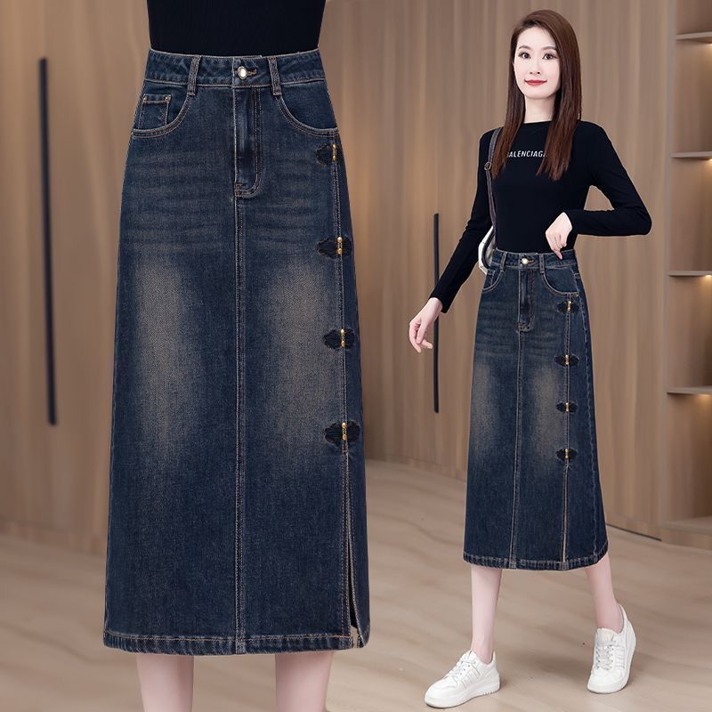 牛仔复古半身裙牛仔裙2025春季新款高腰中长款裙子开叉显瘦一步裙
