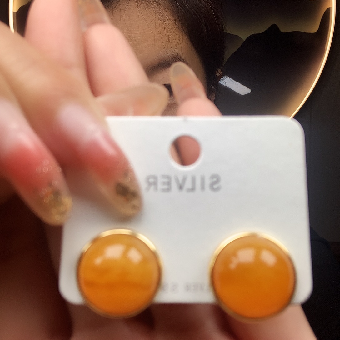 蜜蜡耳饰银S925镶嵌耳钉