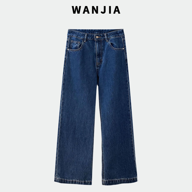 【复古阔腿】四季款中高腰无弹复古蓝阔腿牛仔裤加绒基础款百搭