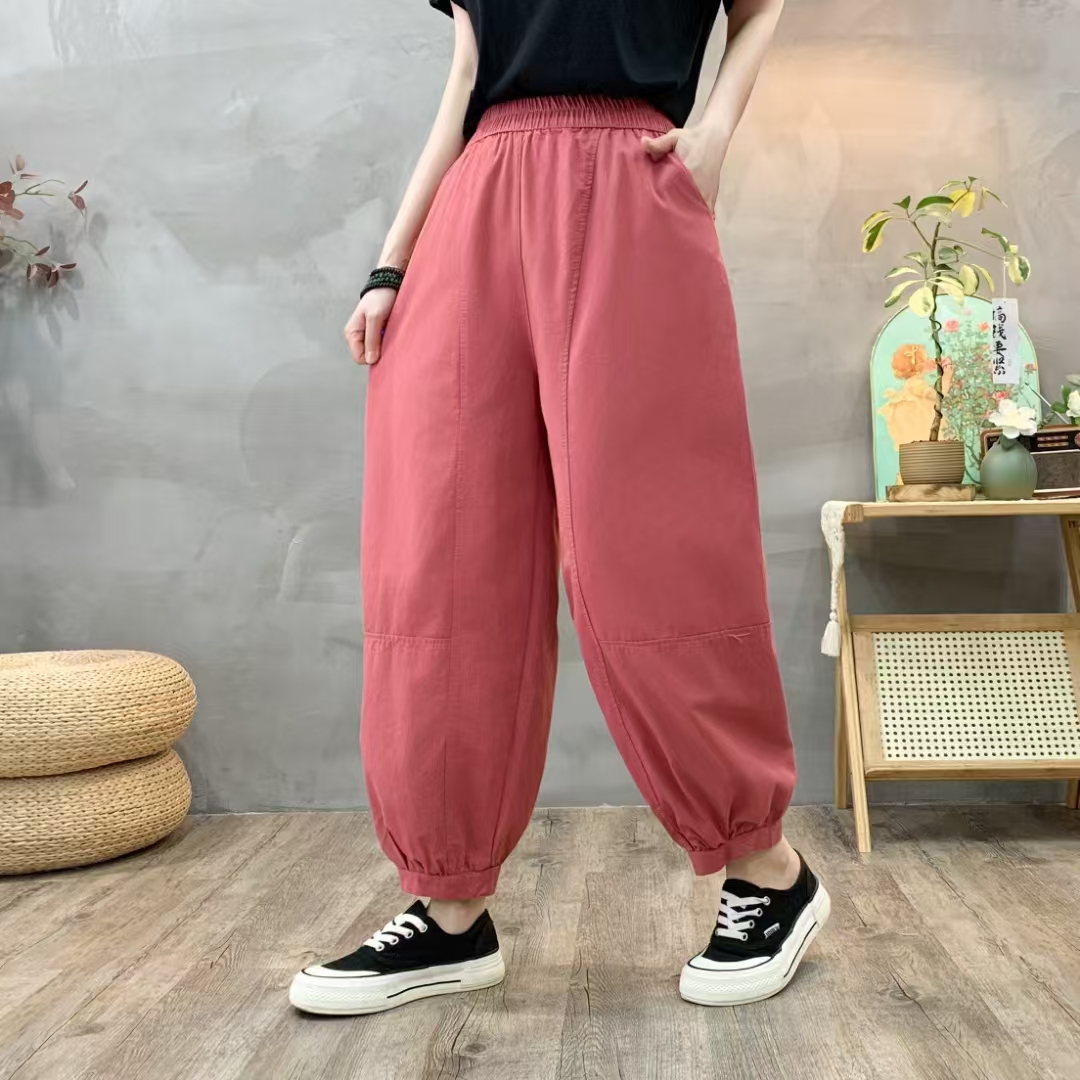 213春夏水洗薄款大码宽松松紧腰纯色纯棉收口休闲裤女百搭九分裤