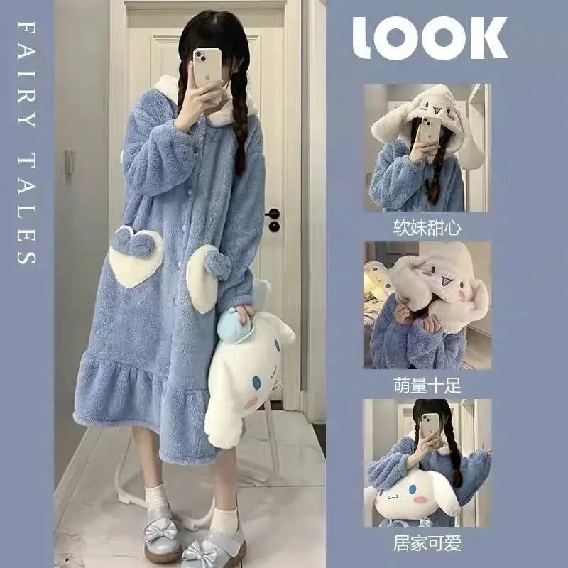 睡衣女春秋冬季珊瑚绒睡袍情侣学生卡通中长款加绒浴袍可外穿睡裙