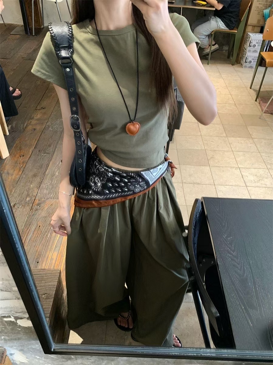 【涵涵家】港风两件套正肩T恤搭配高腰阔腿裤