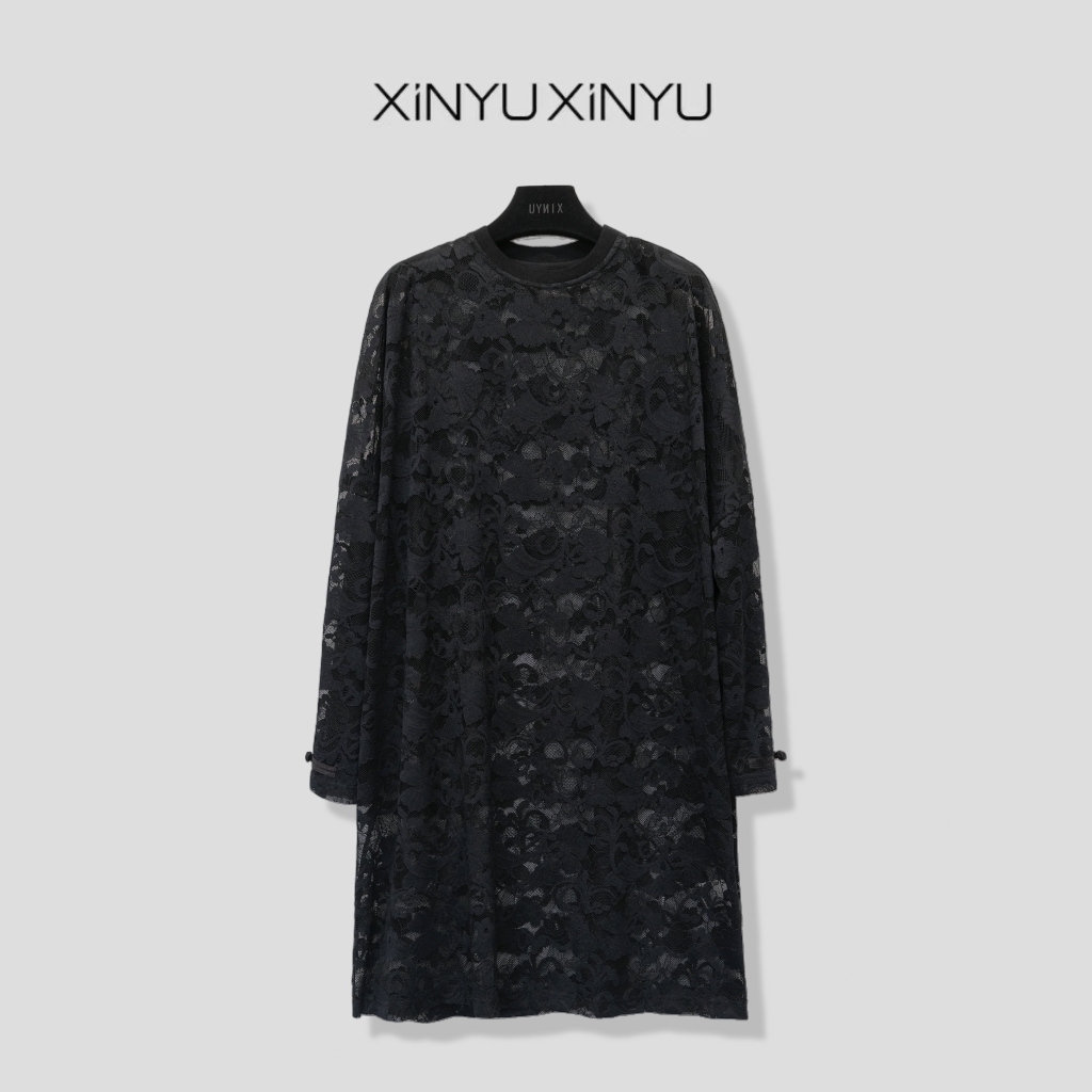 XINYU/芯与『温玉』圆领蕾丝罩衫连衣裙 47077 气质 轻奢 时尚 长袖