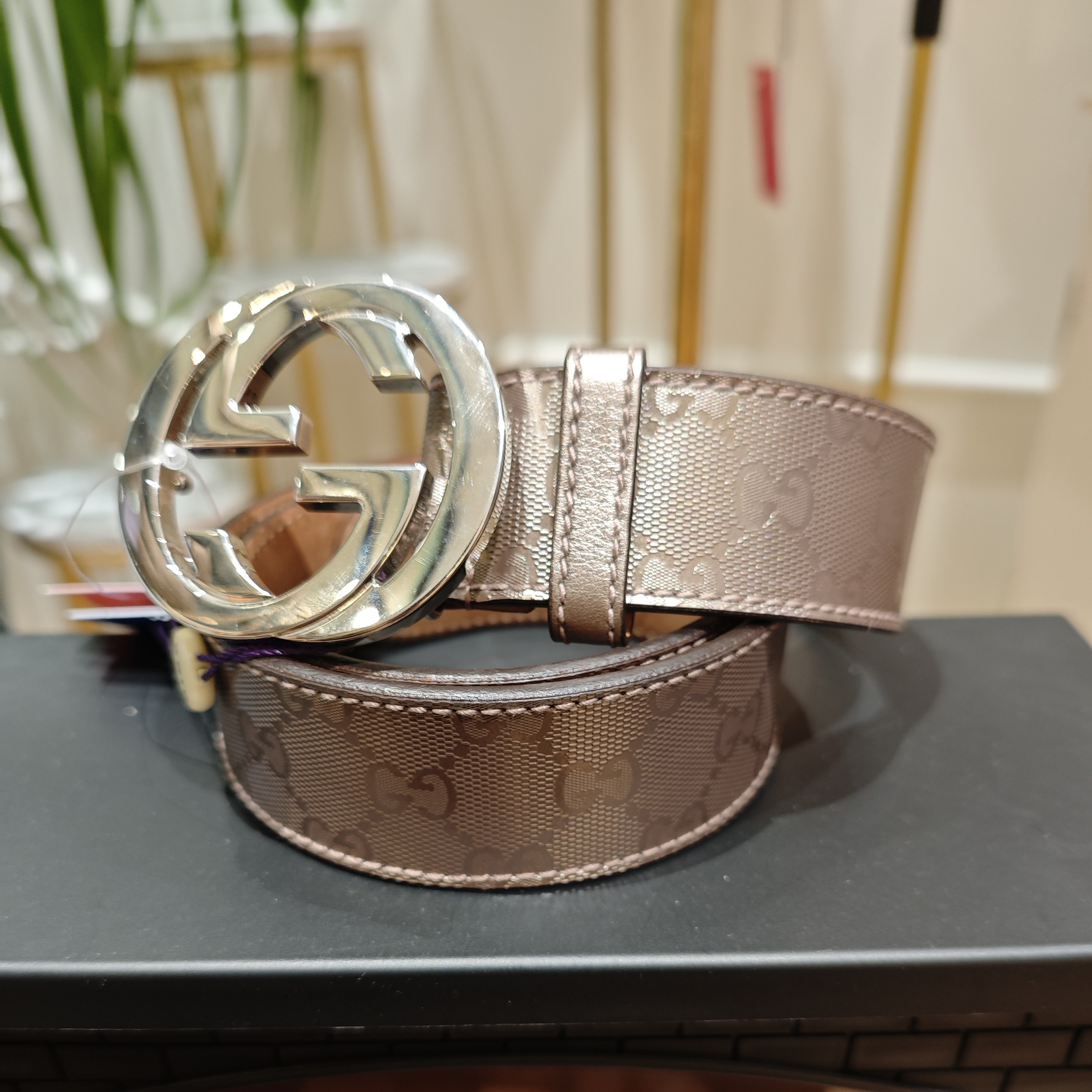99新 GUCCI/古驰 Gucci老花灰金银扣腰带 25090082-02