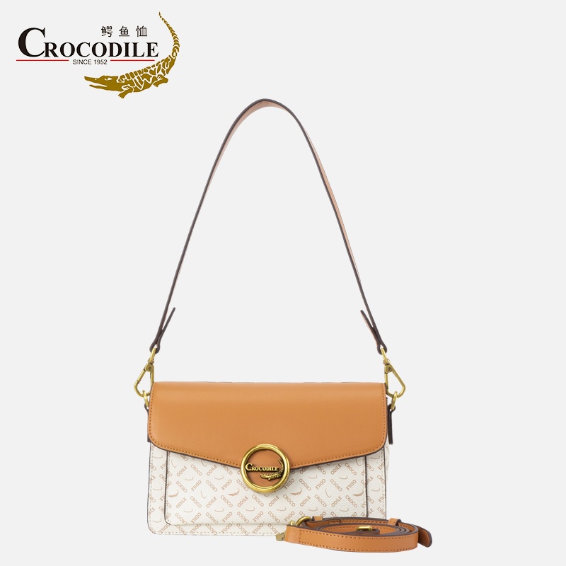 鳄鱼恤CB00045鳄鱼恤方格字母专用面料斜跨包米白色女包