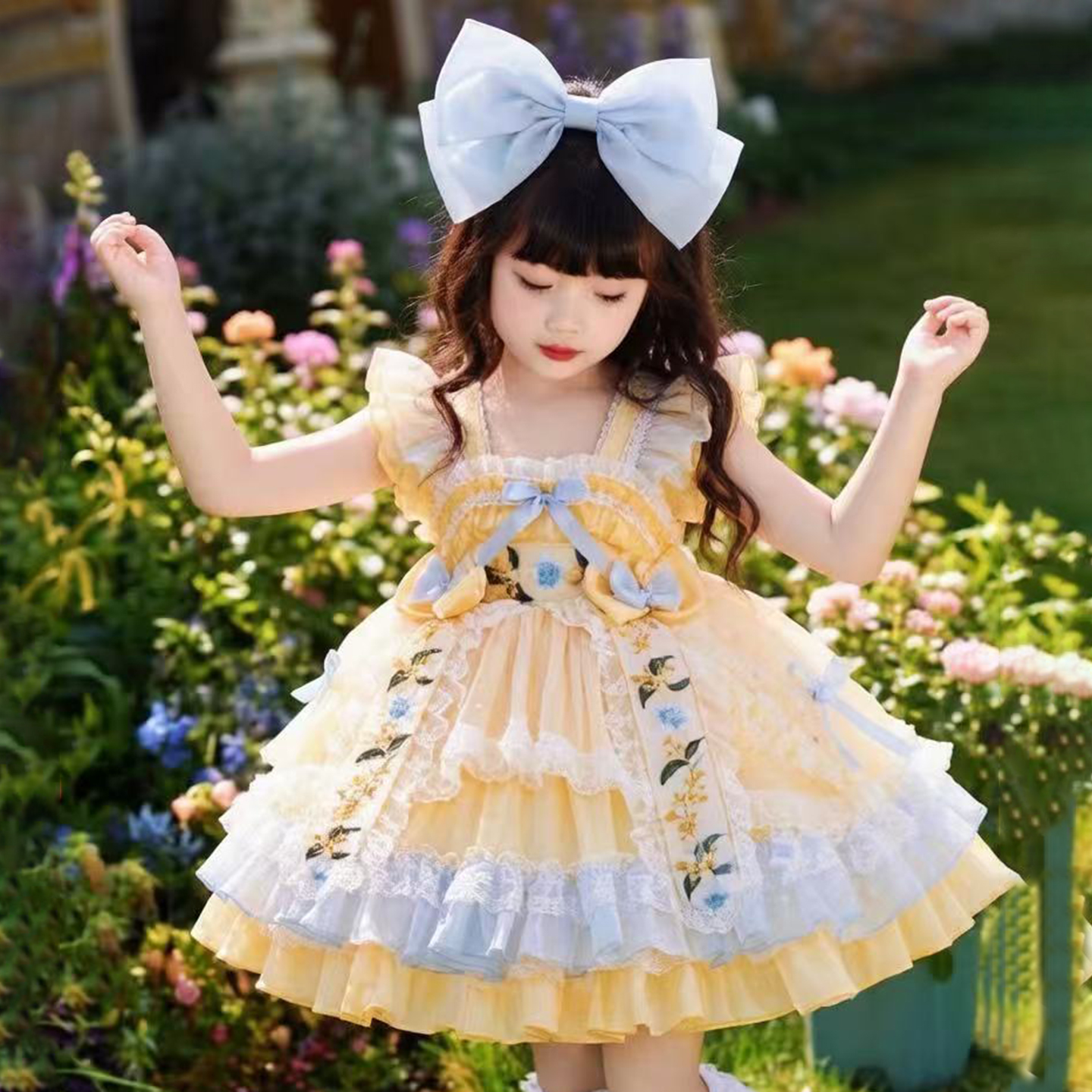 女童夏季洛丽塔公主裙lolita高定生日裙儿童黄色礼服蓬蓬连衣裙子