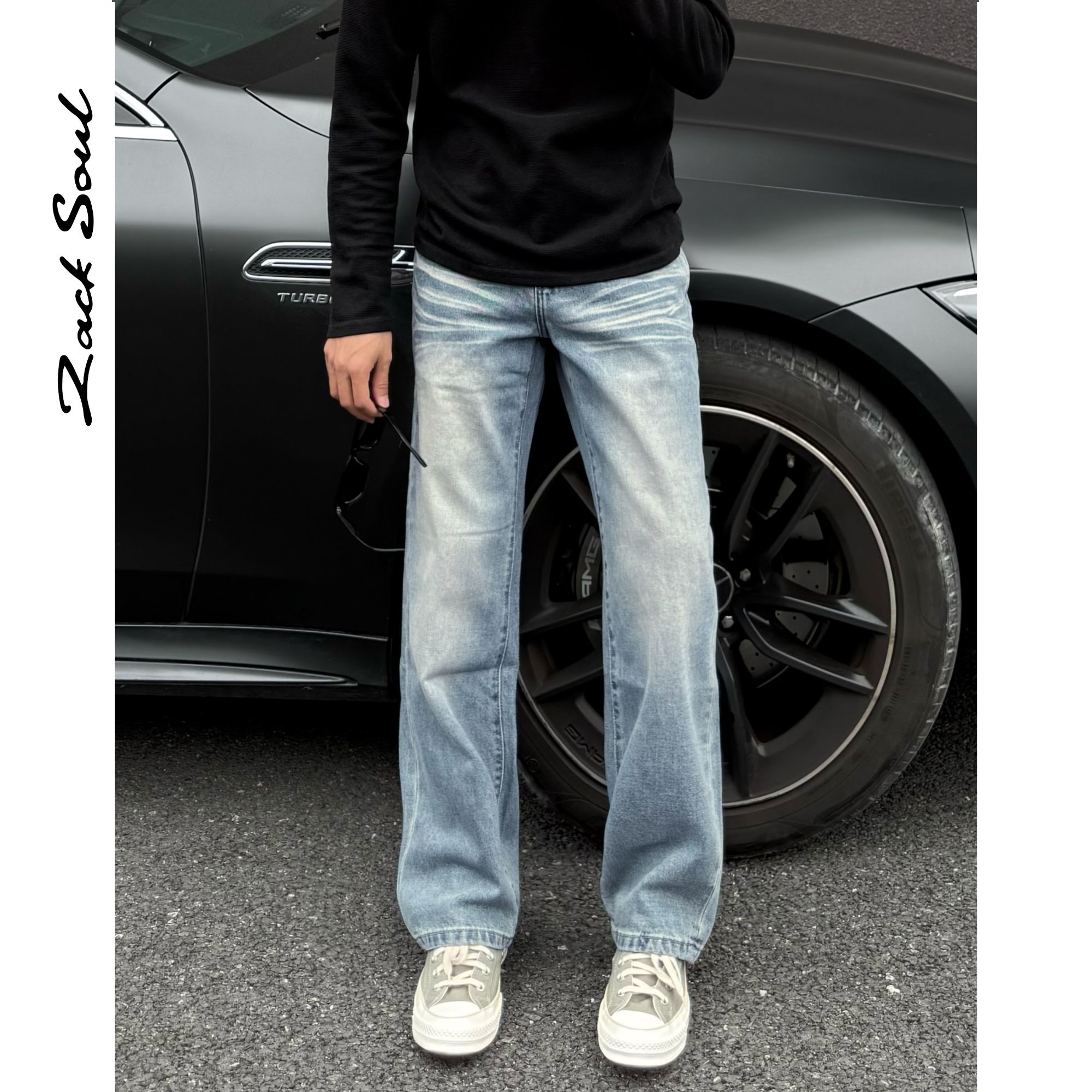 Zack校长 复古水洗蓝白渐变牛仔裤直筒显瘦休闲春秋百搭宽松休闲