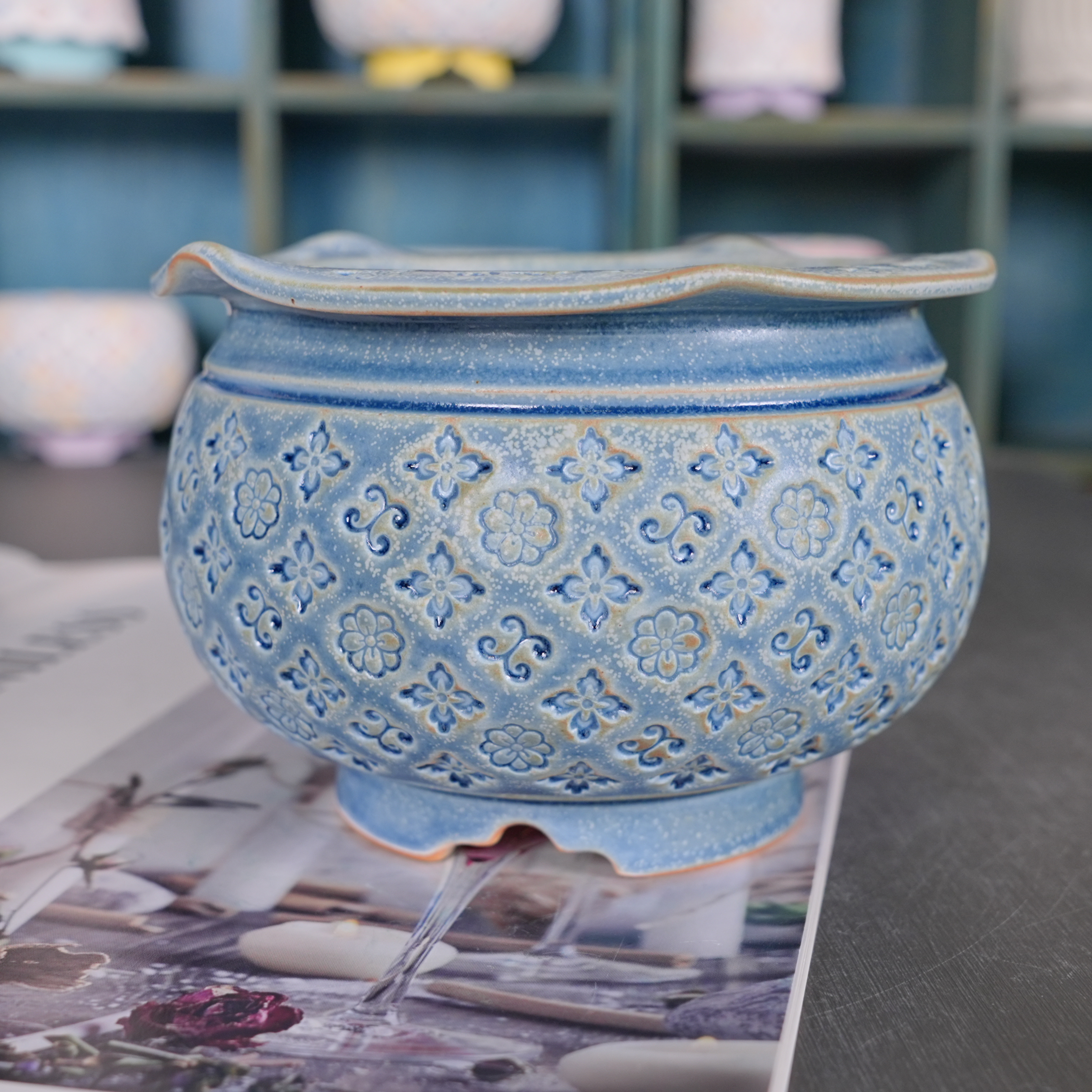 复古简约多肉花盆景德镇手工印章内口9.5厘米外高8.5厘米