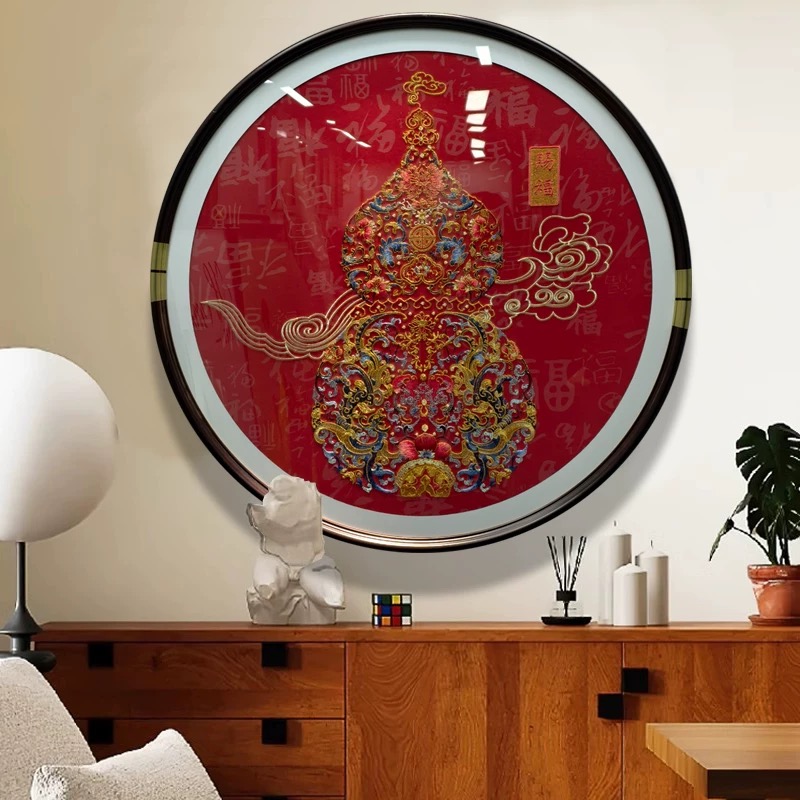 圆形百福刺绣成品挂画玄关走道新中式葫芦壁画餐厅吉祥寓意装饰画