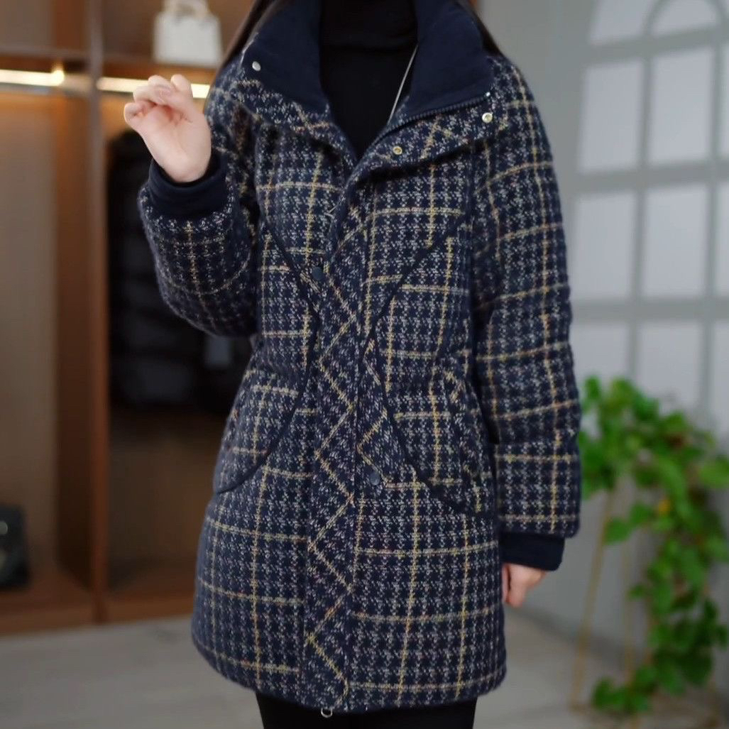 高级精纺时尚格子立领加厚鸭绒羽绒服2025冬季新款百搭中长款外套