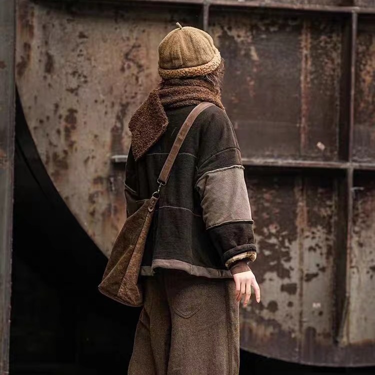 疯子张24冬款宽松拼接撞色随性口袋保暖短款外套棉衣#08408