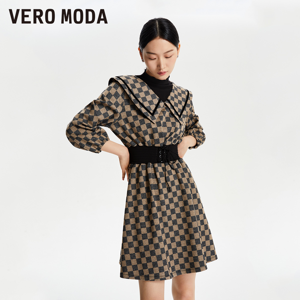 Vero Moda连衣裙女装2025冬季新款格纹七分袖拼接连衣裙时尚洋气