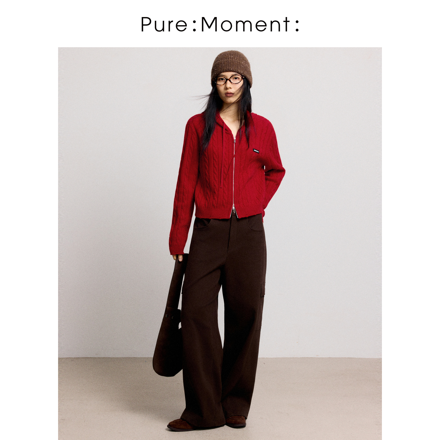 小麦檬Pure:Moment:秋Miu风复古绞花针织红色连帽开衫女4GA233332