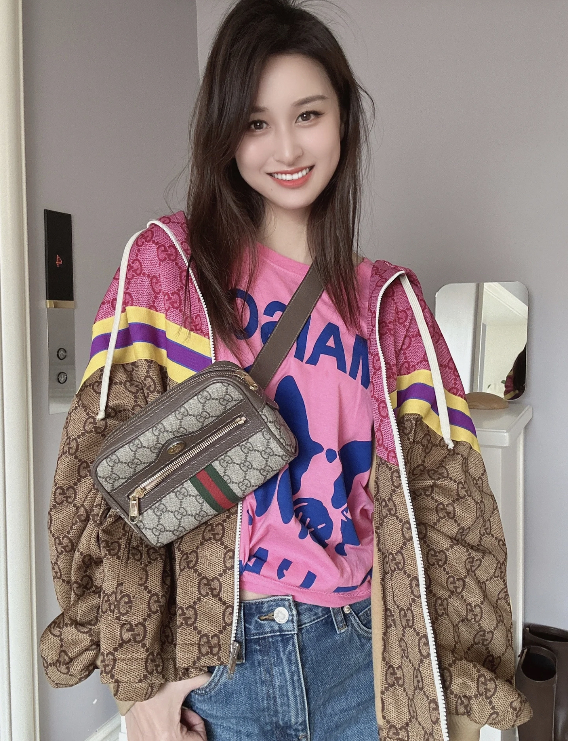 95新 GUCCI/古驰 bb1795 聚酯纤维/棉 拼色双G满印外套 S码
