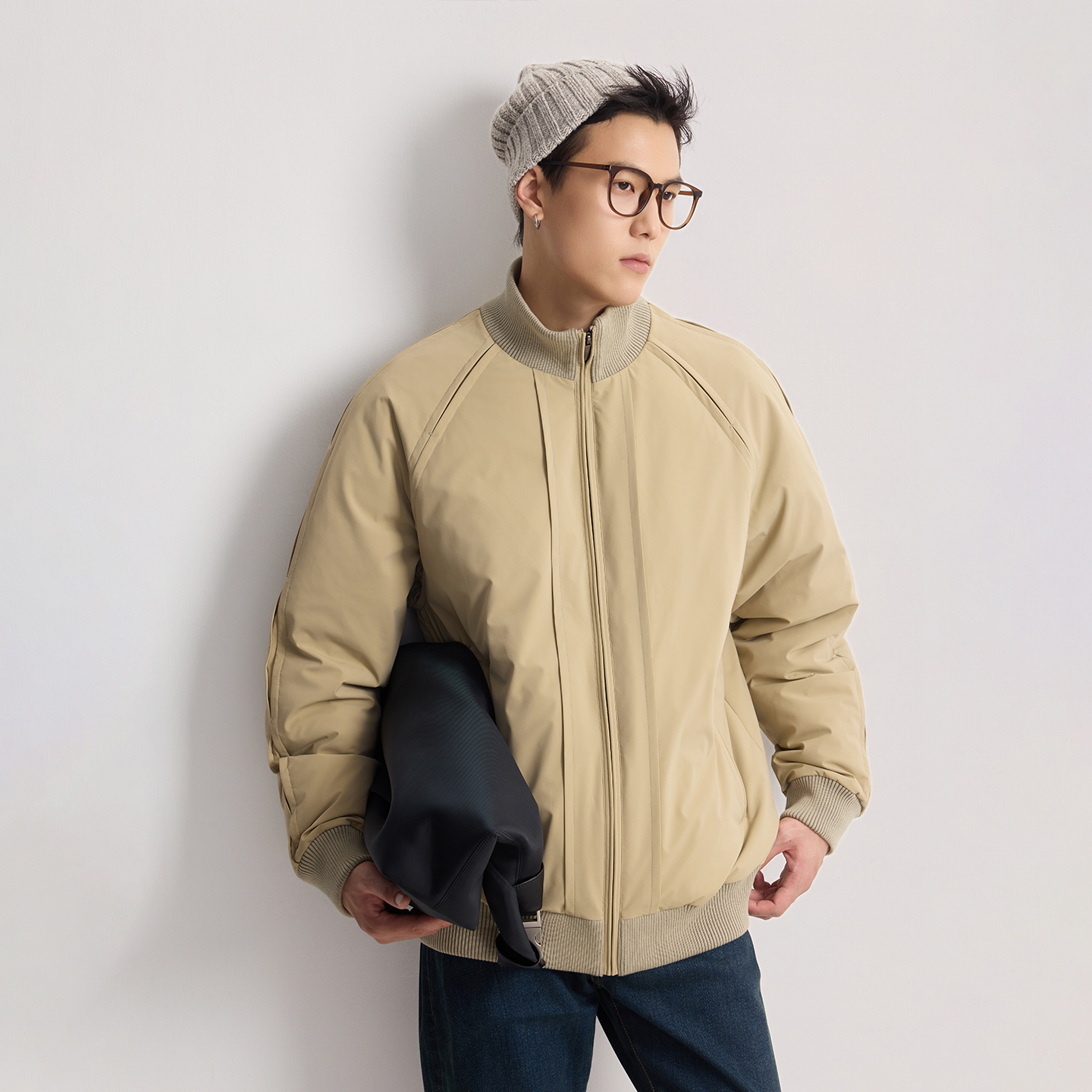 德赛拼接高密针织立领90白鸭绒 秋冬轻薄羽绒服夹克男外套DW25964