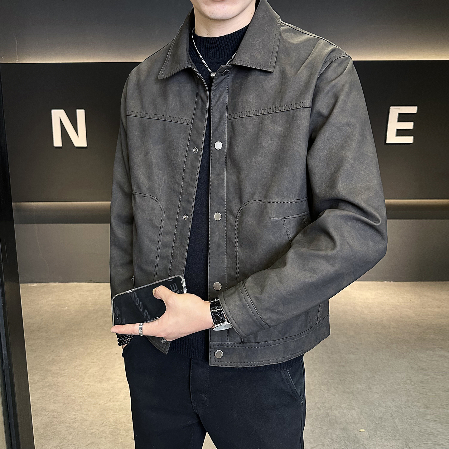 皮衣男翻领秋冬季2025新款休闲帅气潮流百搭加绒抗皱皮夹克外套男