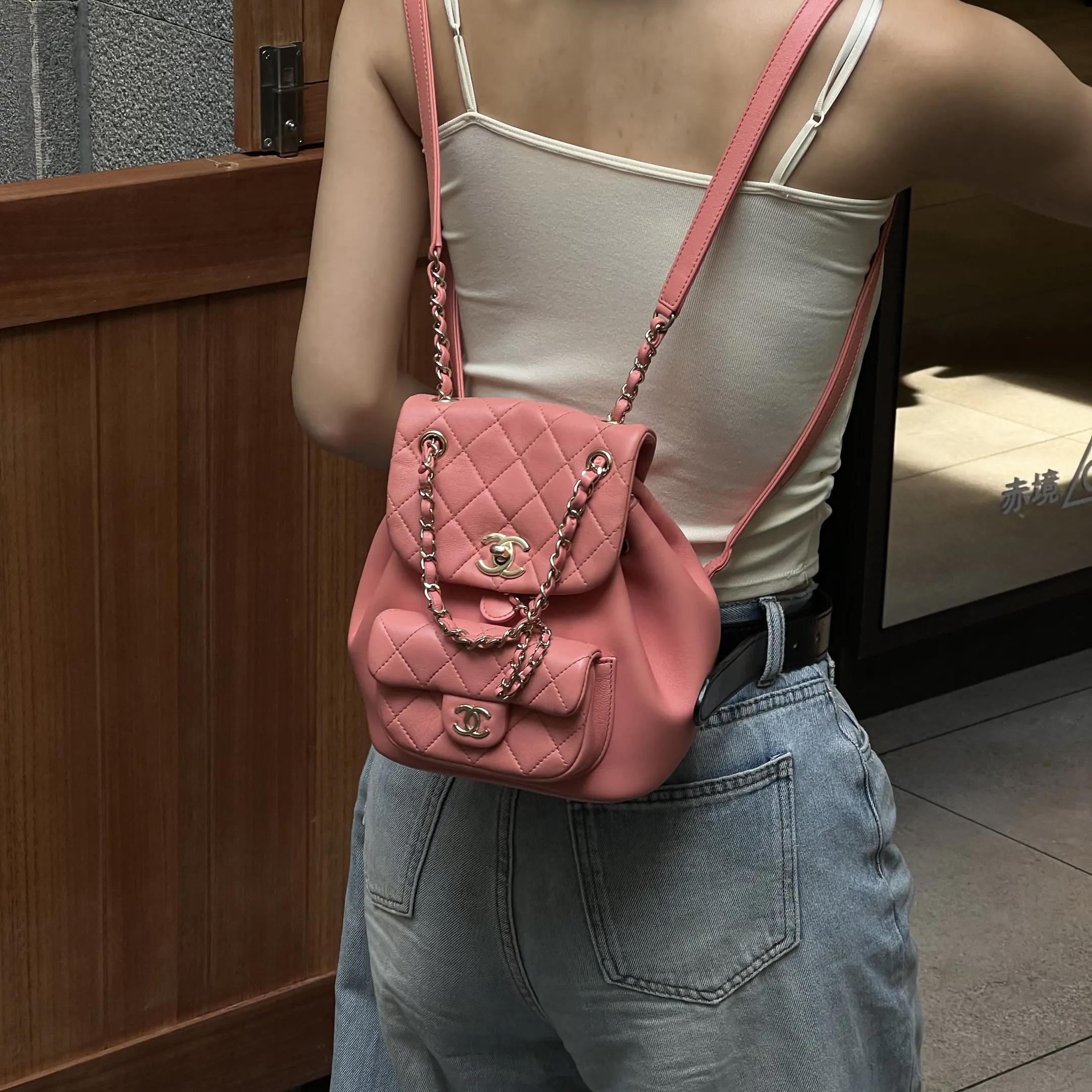 99新 Chanel/香奈儿 4586 粉红金扣duma 双肩包小号芯片款