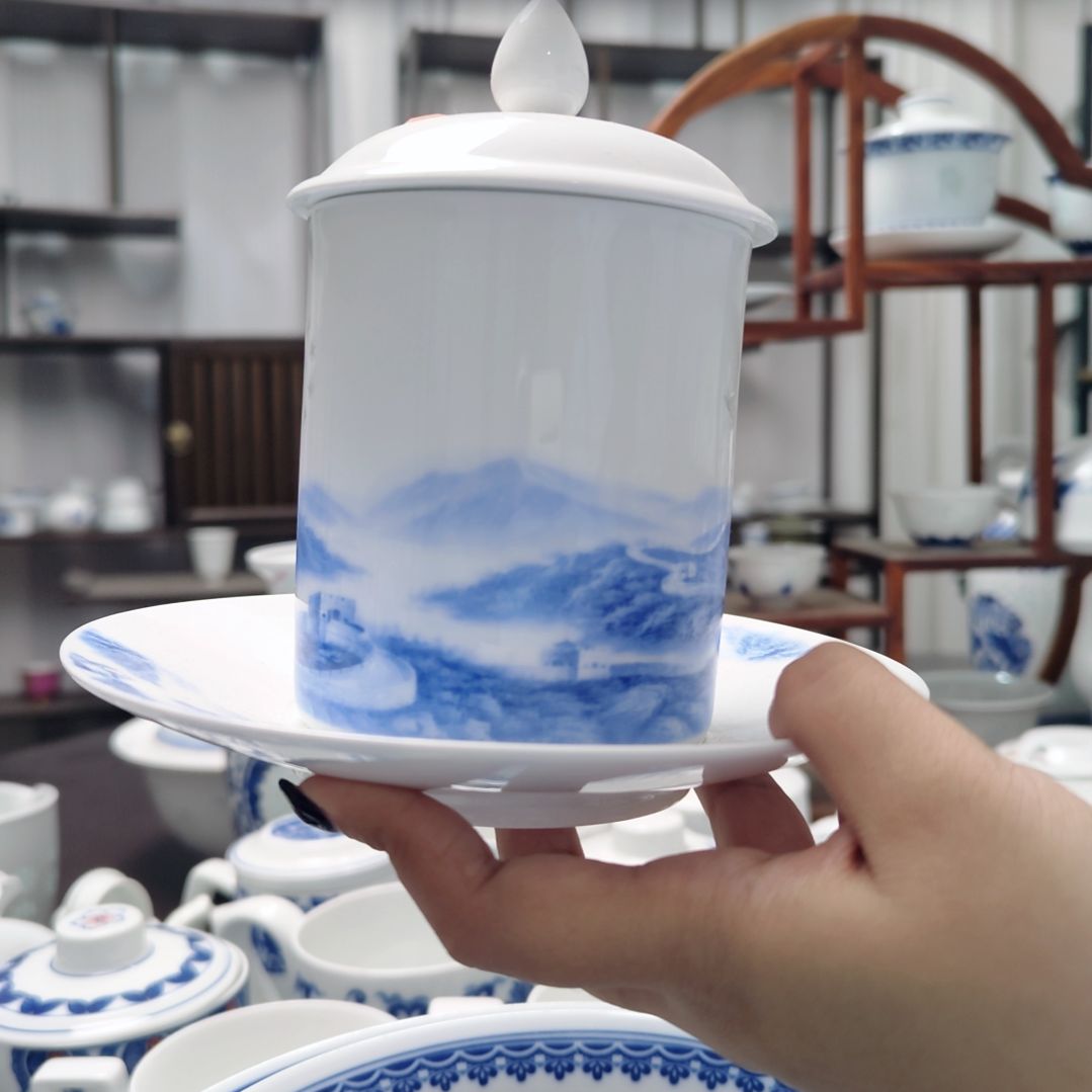 陶瓷青花办公杯三件套一套