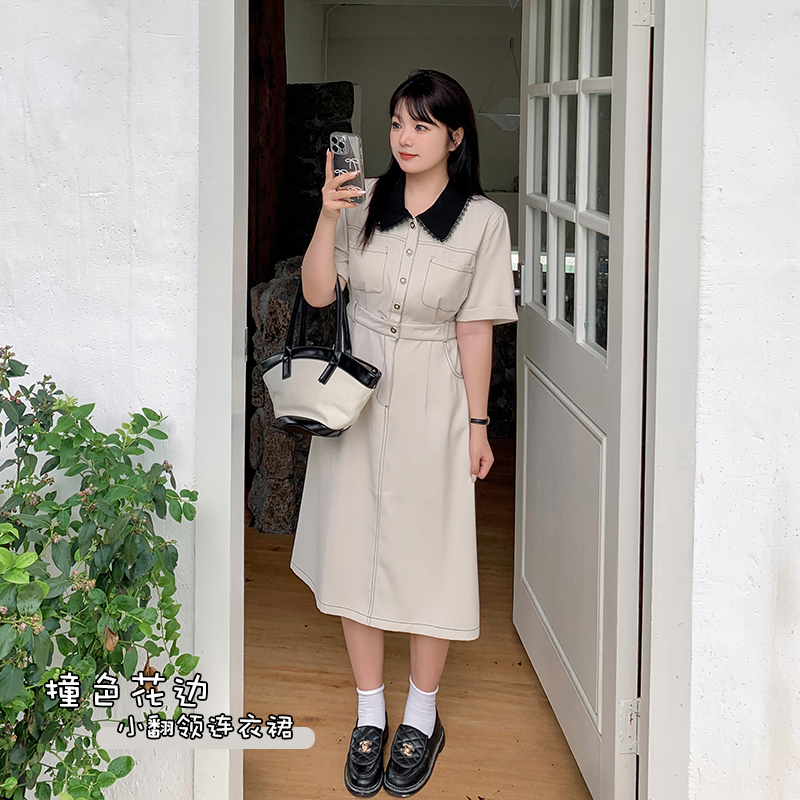 【涵胖胖】*清撞色花边小翻领连衣裙-D017