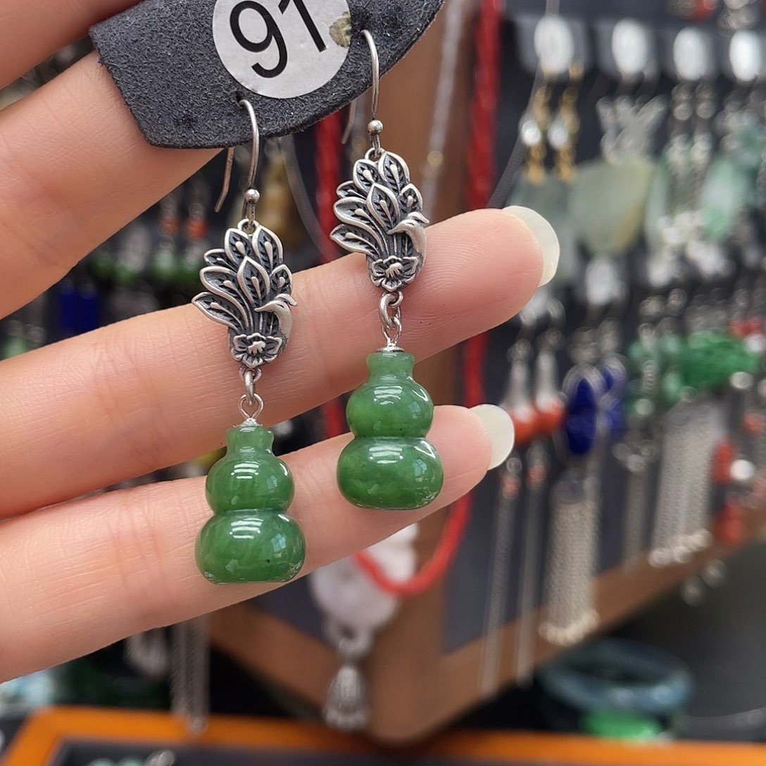 和田玉耳饰银S925镶嵌开***?671ghnhhhh