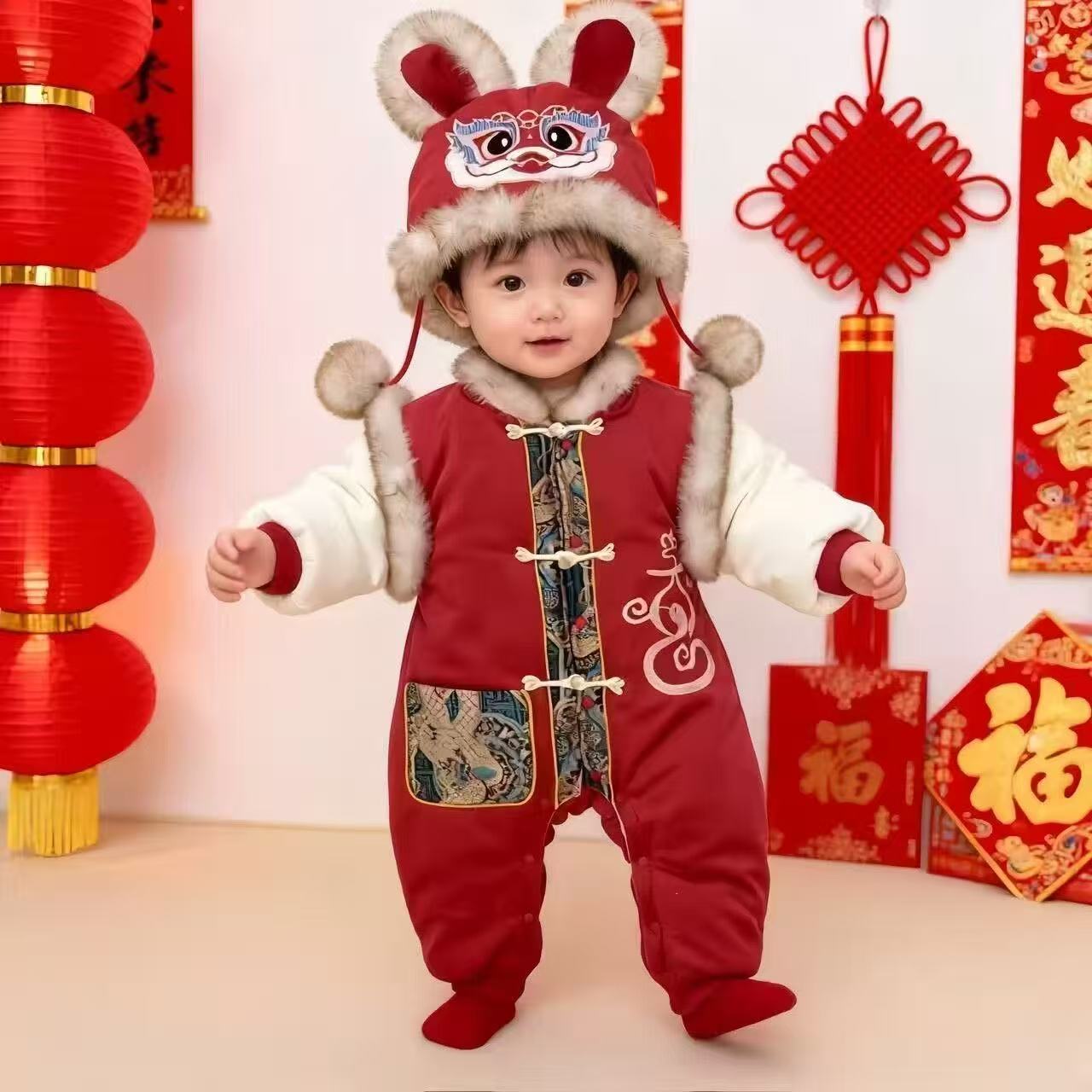 拜年婴幼儿棉服冬季连体衣冬装百天满月宝宝国风加厚外出哈衣