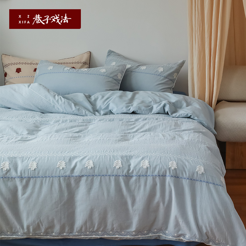 巷子戏法全棉纯棉提花磨毛床单四季轻奢四件套简约风被套床上用品