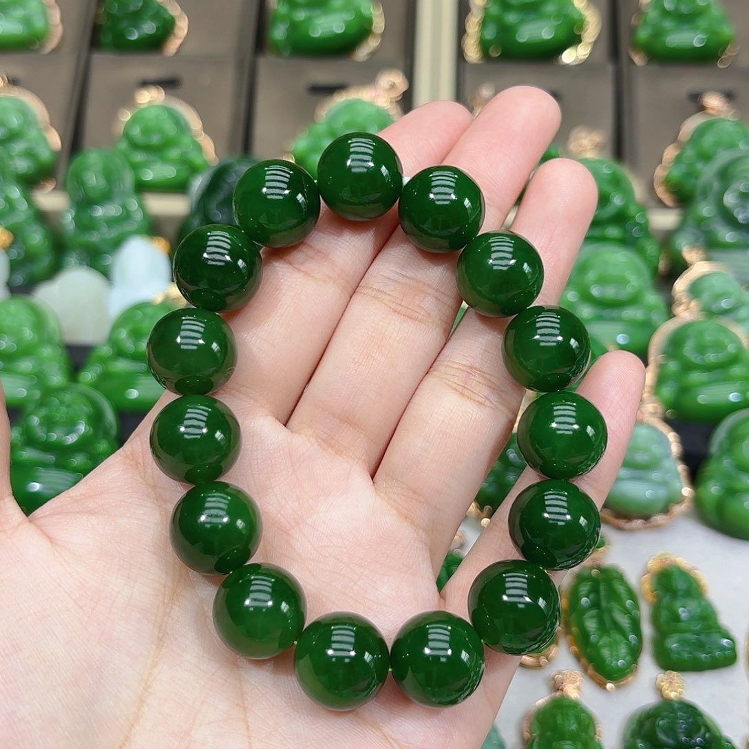 和田玉（碧玉）手串未镶嵌烈**穹14m菠菜绿单圈