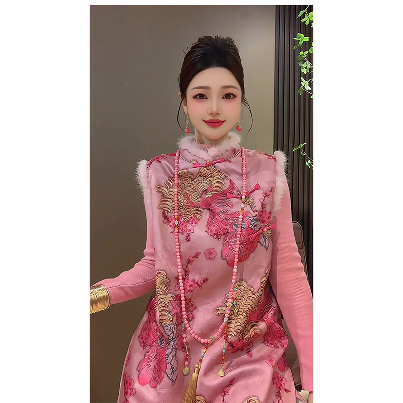 【凤凰于飞】秋冬国风新中式旗袍水貂毛加绒加厚无袖背心裙短裙子女