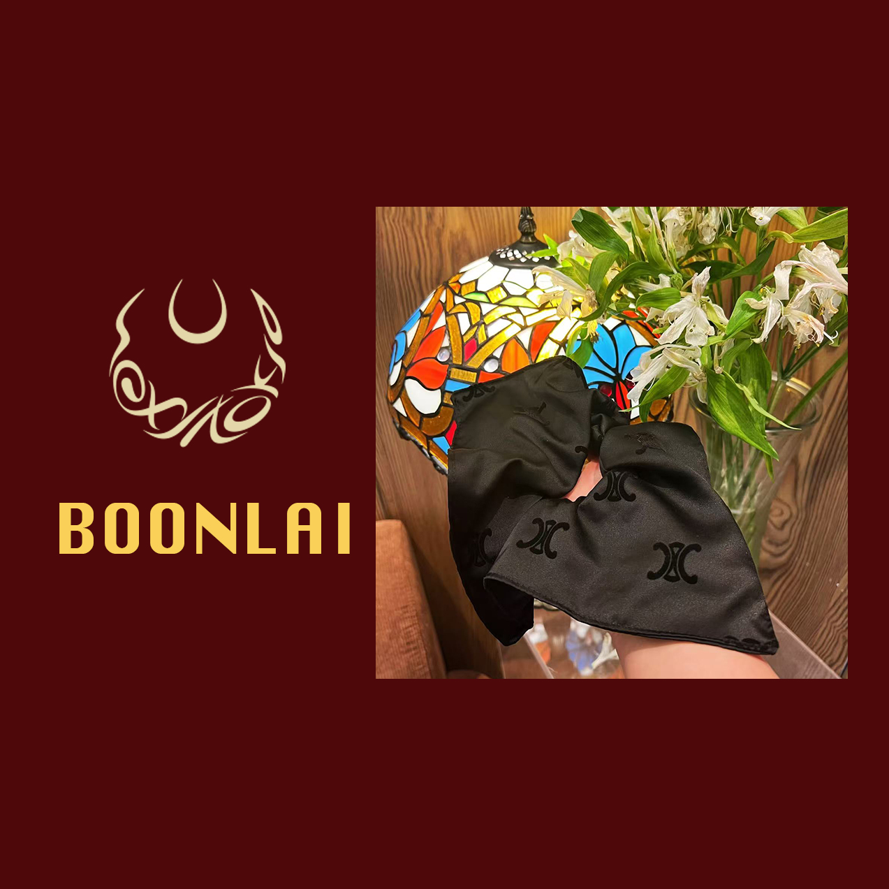 Boonlai 黑色印花字母四角方巾大肠发圈F