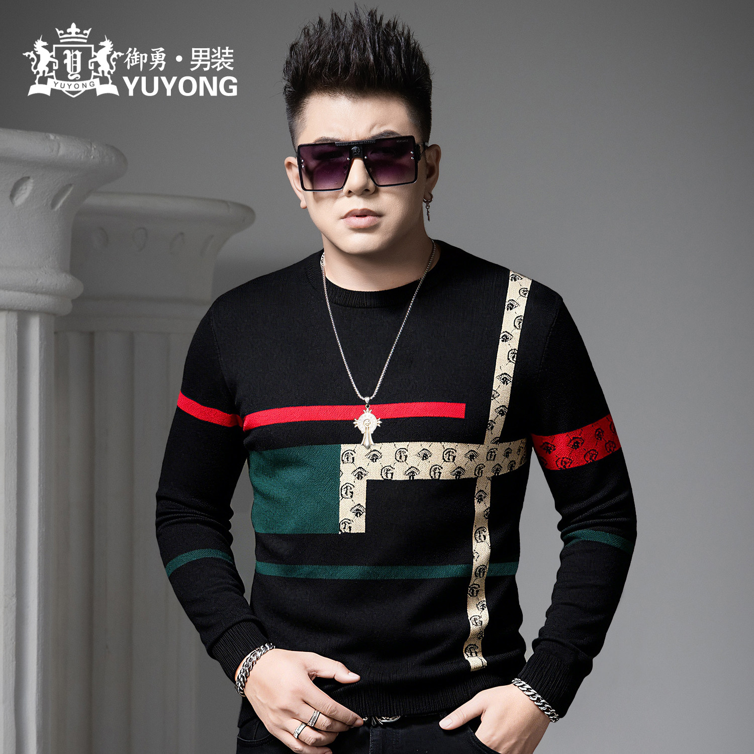 欧货条纹印花圆领毛衣男秋冬季2025新款时尚毛线衣男士针织打底衫