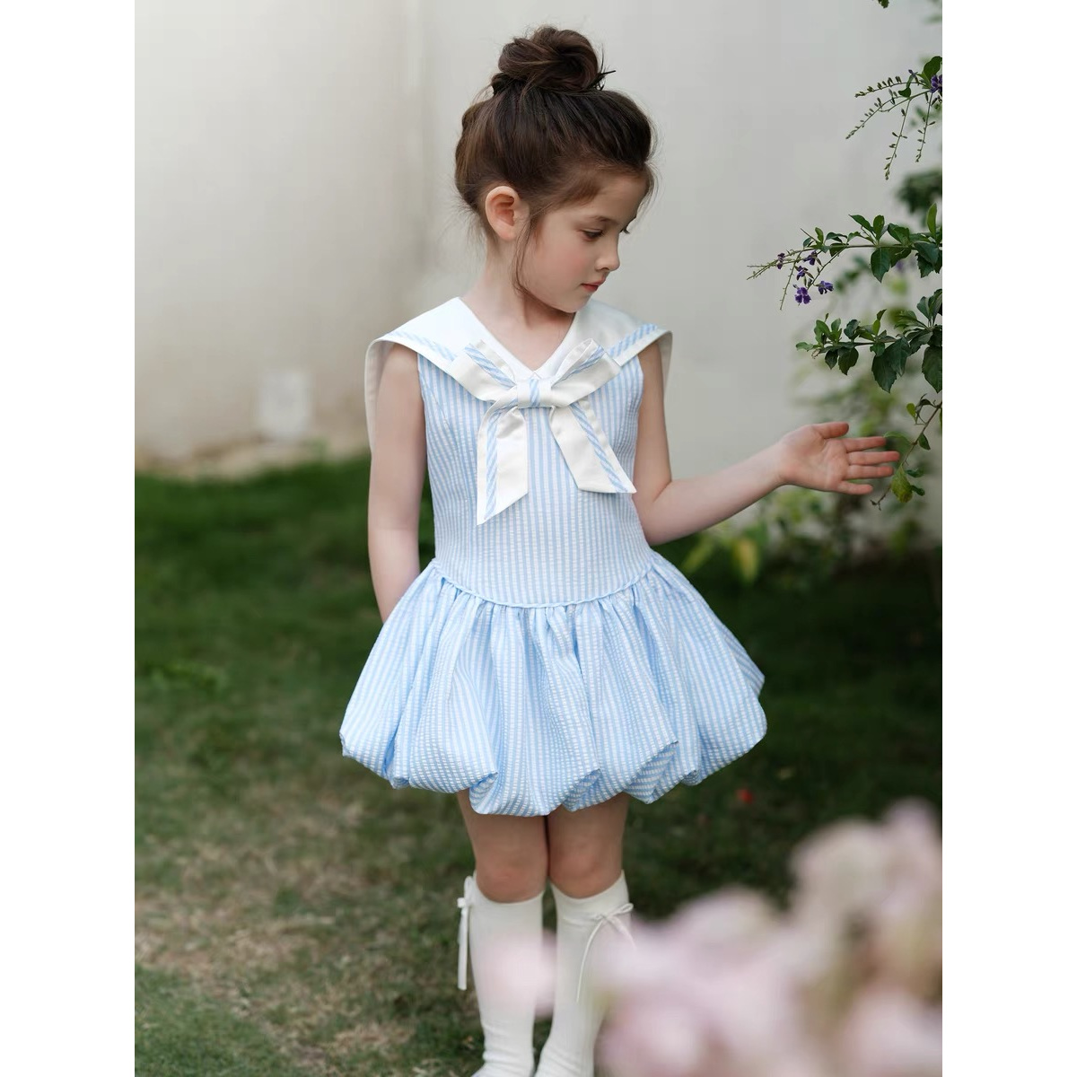 A228 连衣裙夏季学院风套装宝宝花苞裙条纹半身裙女