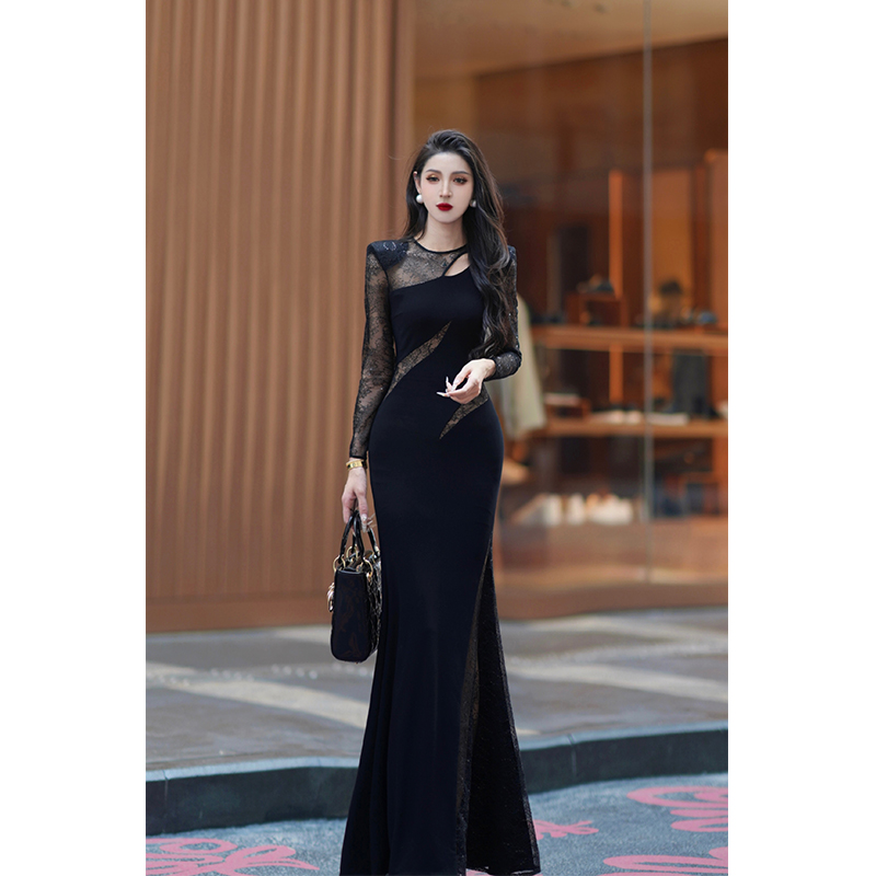 尤克菲儿 原创高定轻奢水晶麻拼接蕾丝长袖法式名媛宴会连衣裙