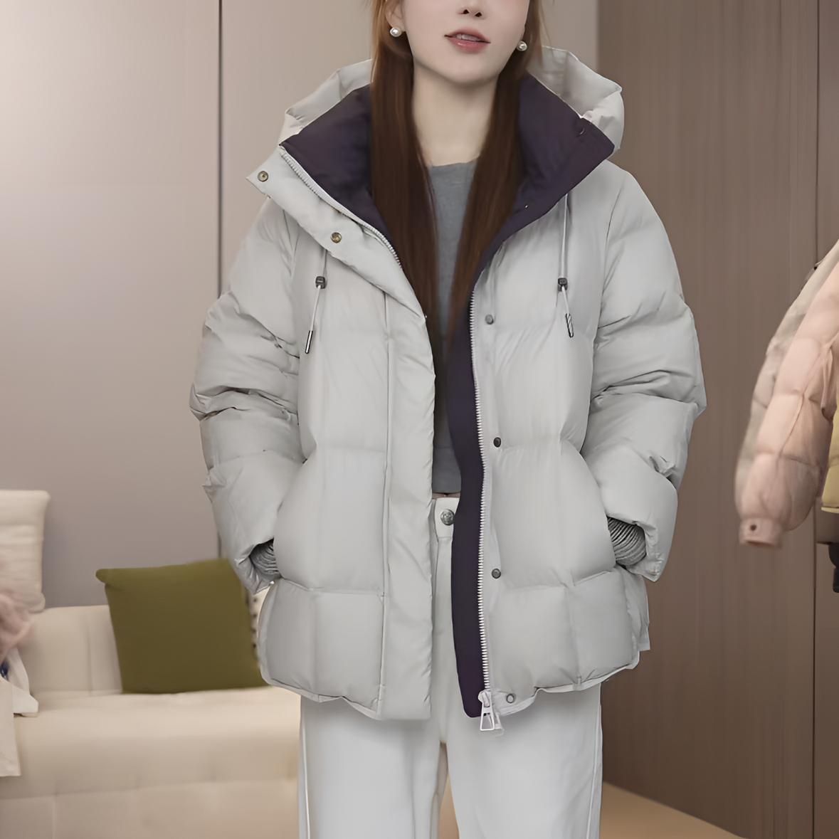 嘉嘉/冬季新款羽绒服女中长款连帽面包服白鸭绒加厚保暖外套