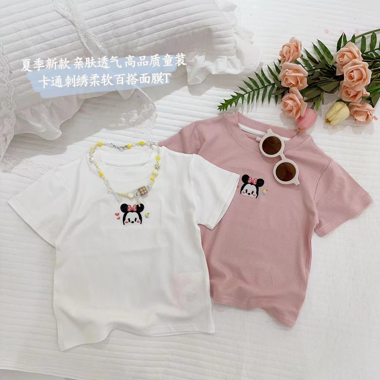 汤圆家童装2025夏季新款韩系纯色卡通刺绣面膜T恤 YA-1784