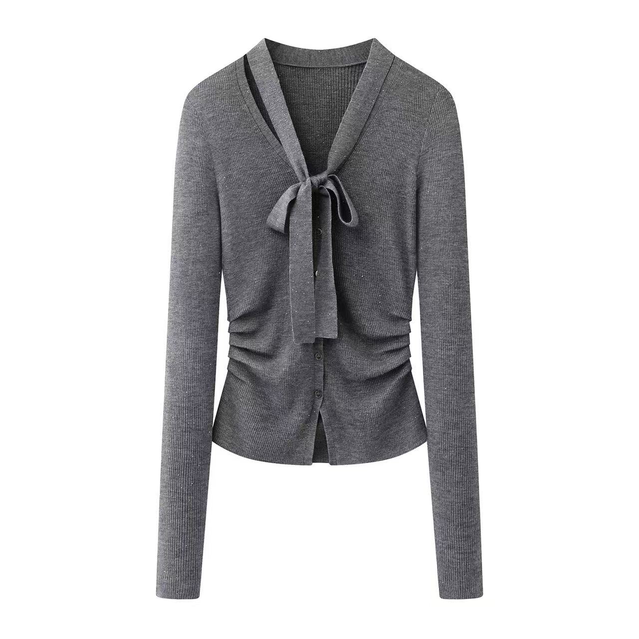 【商场同款】2026春季新品飘带V领灰色针织衫上衣女1145