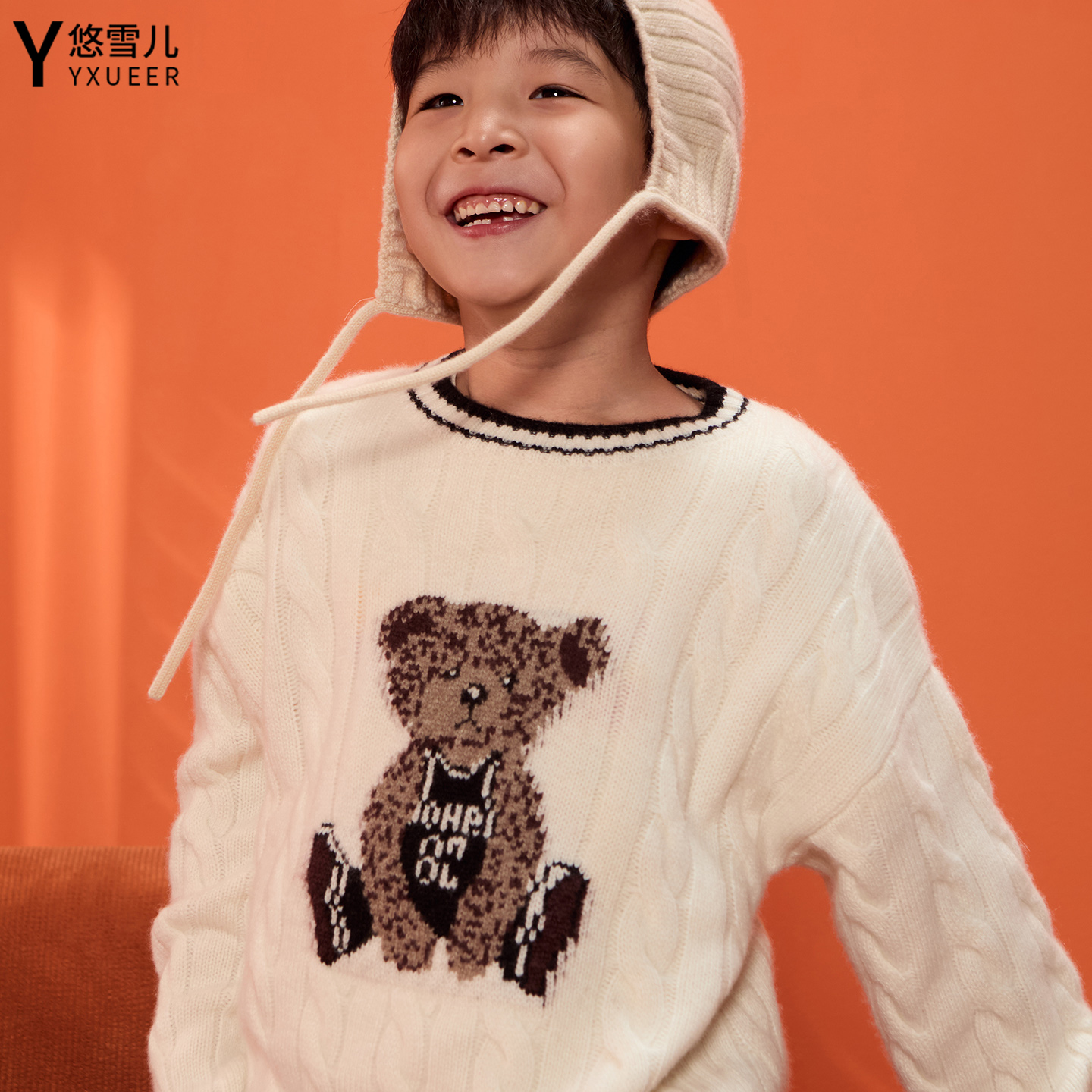 A类小baby100%纯山羊绒衫儿童男女通用圆领小熊提花毛衣加厚打底