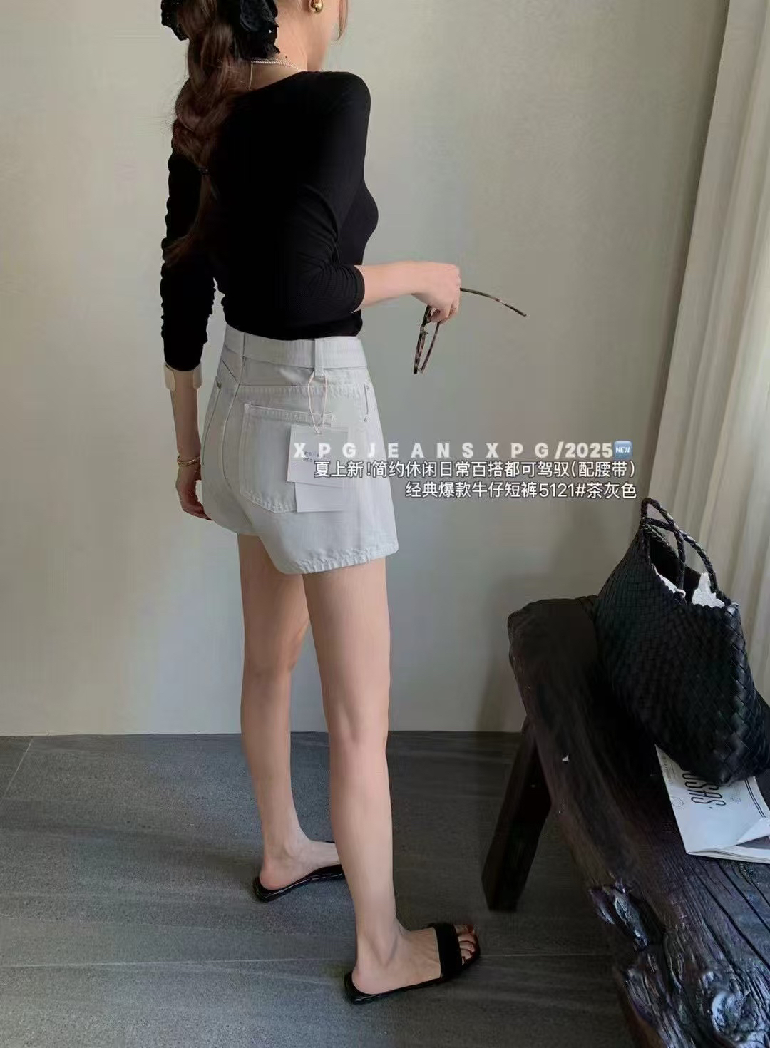 珍姐家PG茶灰色牛仔短裤5121货号