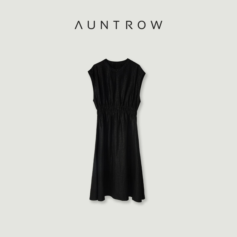 AUNTROW“扶摇” 非遗老料黑龟香云纱 东方针织收腰打揽飞袖连衣裙