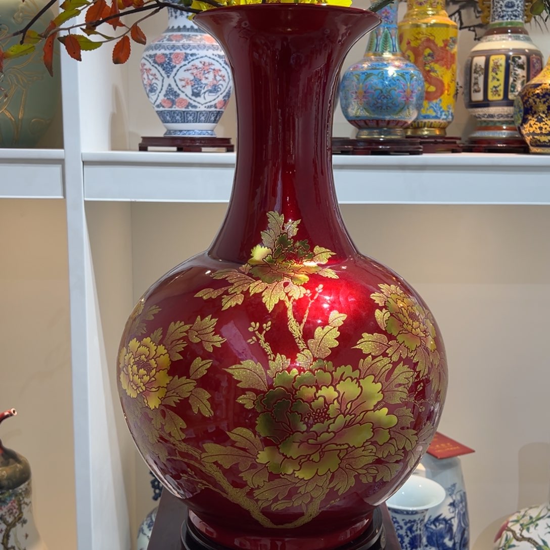 勇***波陶摆件两个56cm金沙牡丹赏瓶