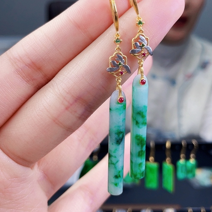 翡翠耳饰银S925镶嵌饰品