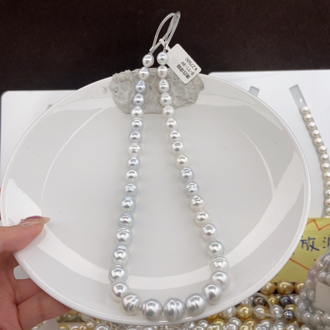 海水珍珠项链银S925镶嵌8-11/39颗