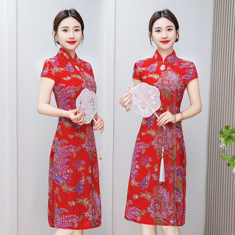 新款妈妈装新款东北大花显瘦旗袍裙时尚中老年女装气质短袖连衣裙