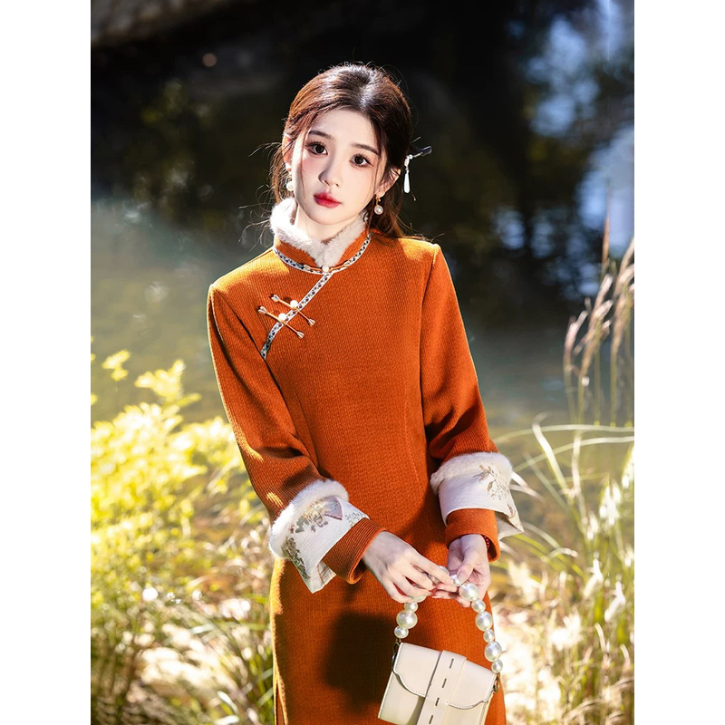 1234-橘-斜襟大修旗袍