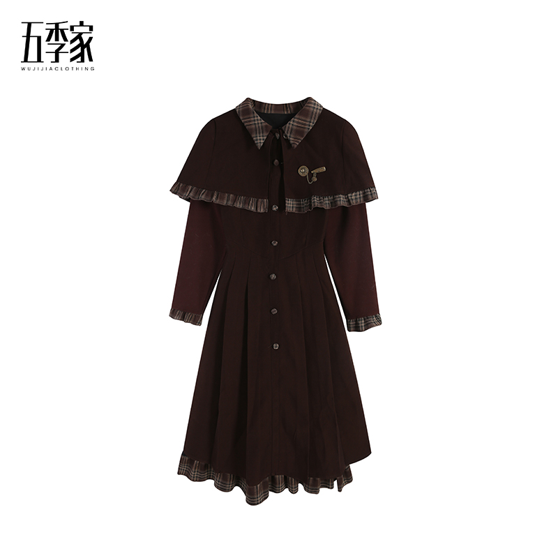 【五季家大码】秋冬别致斗篷显瘦高级感咖色连衣裙ZL115369